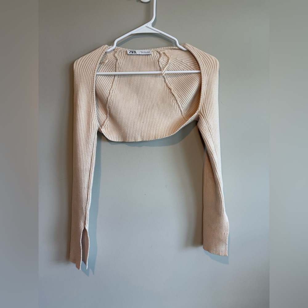 Zara Beige Ribbed Cropped Cardigan - Picture 2 of 10